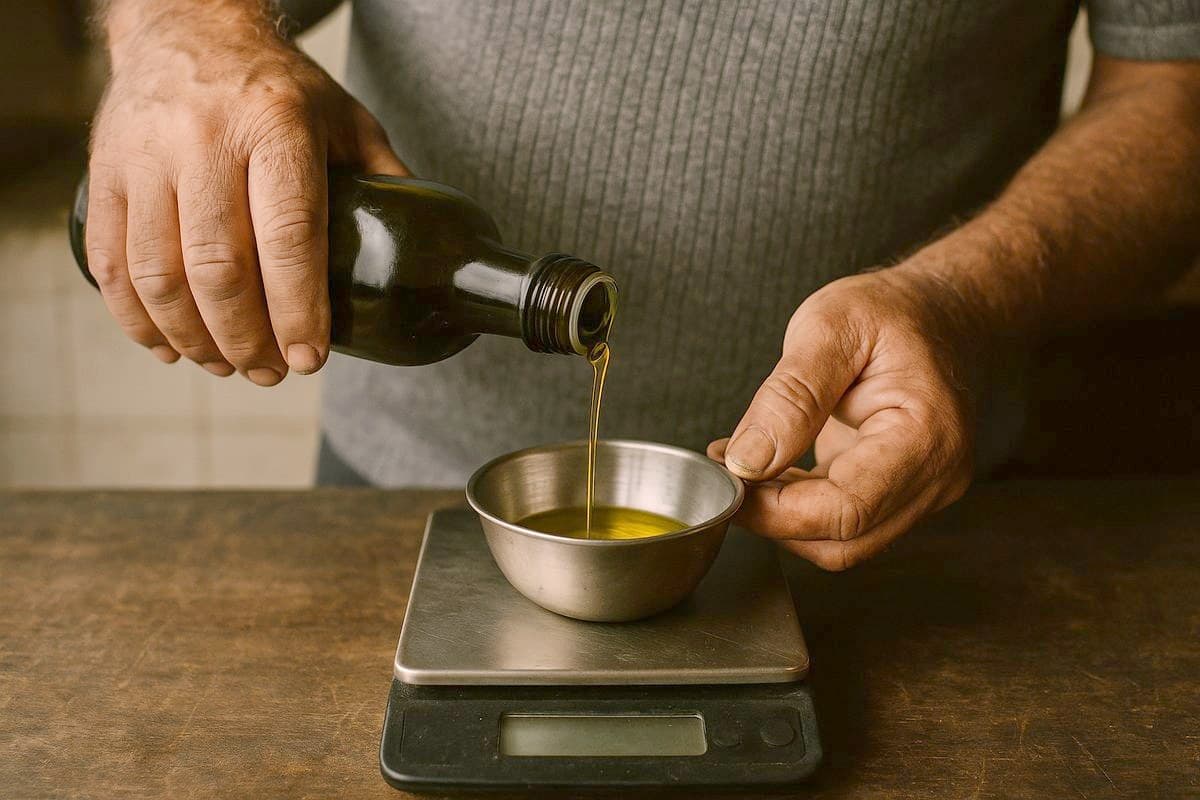 Danny pouring olive oil from a bottle into a small steel bowl sitting on a digital kitchen scale.