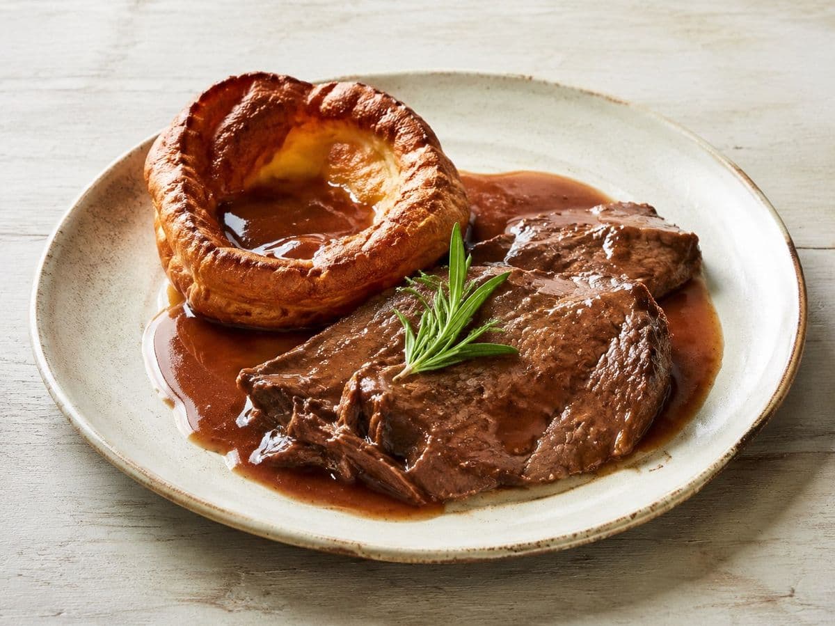 Roast Beef and Yorkshire Pudding, plated as one serving.