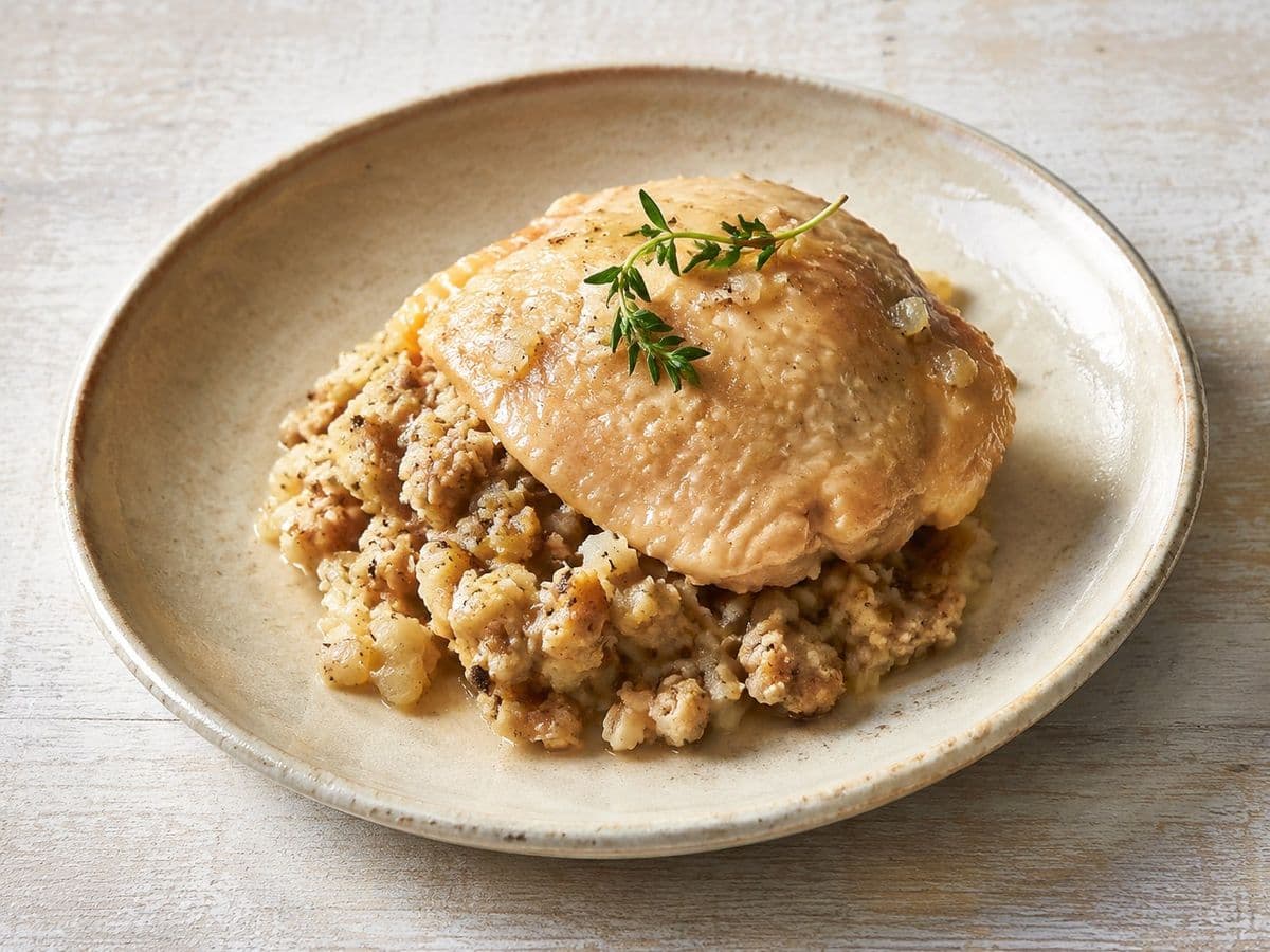 Roast Chicken with Stuffing, plated as one serving.
