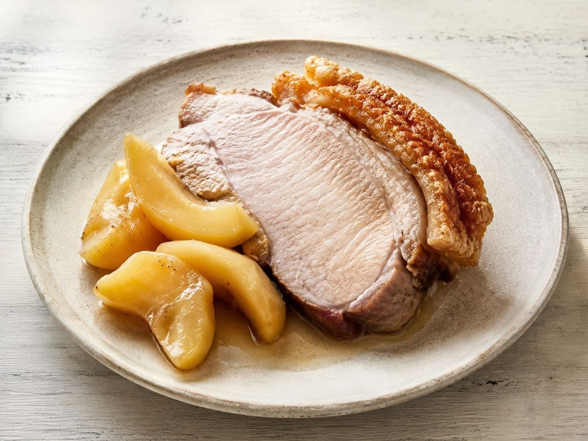 Roast Pork with Crackling, plated as one serving.