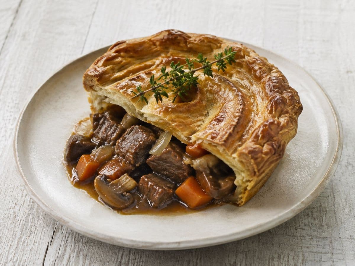 Steak and Ale Pie, plated as one serving.