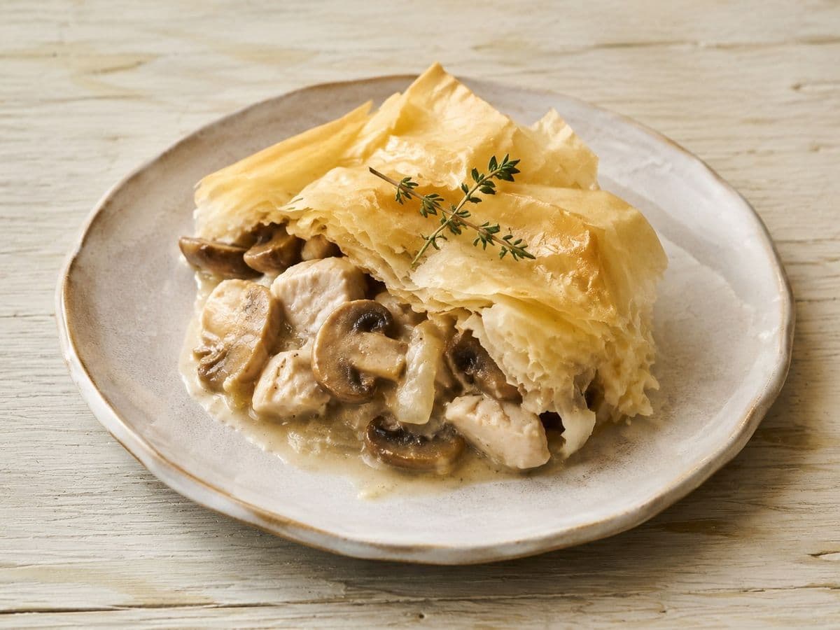 Chicken and Mushroom Pie, plated as one serving.