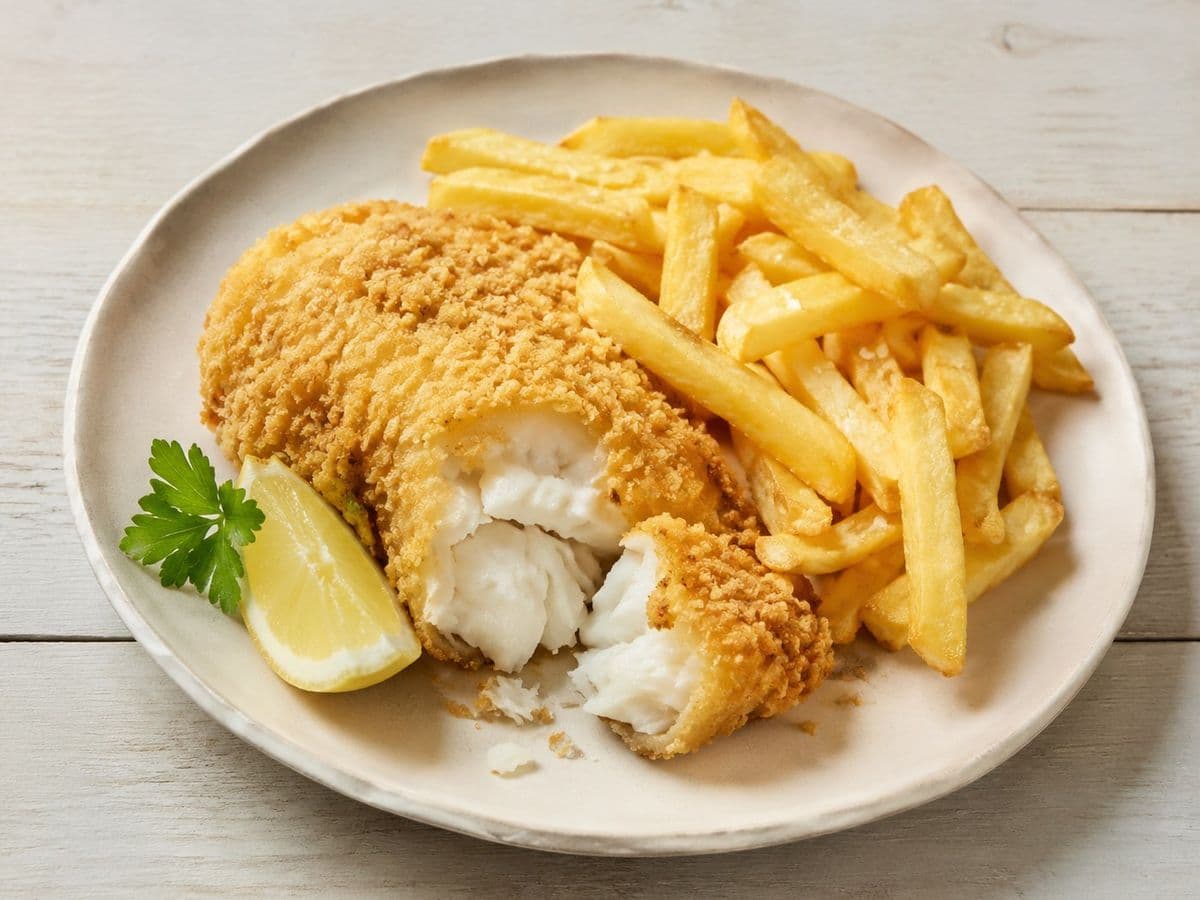 Battered Cod and Chips, plated as one serving.