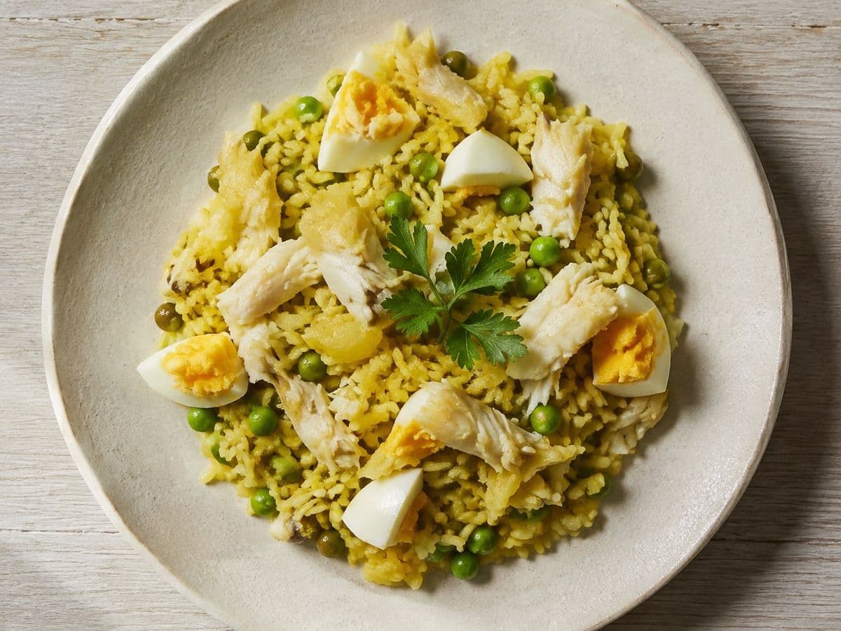 Smoked Haddock Kedgeree, plated as one serving.