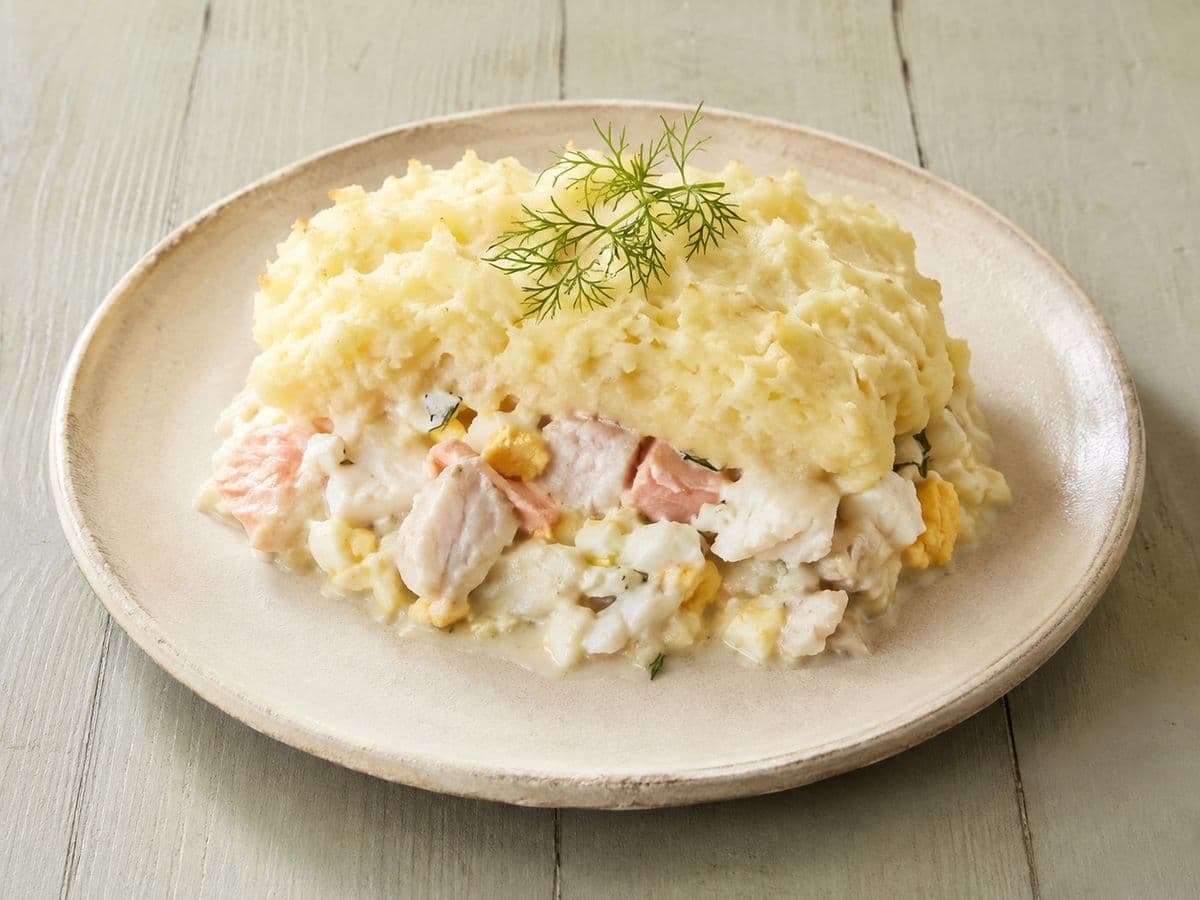 Fish Pie, plated as one serving.