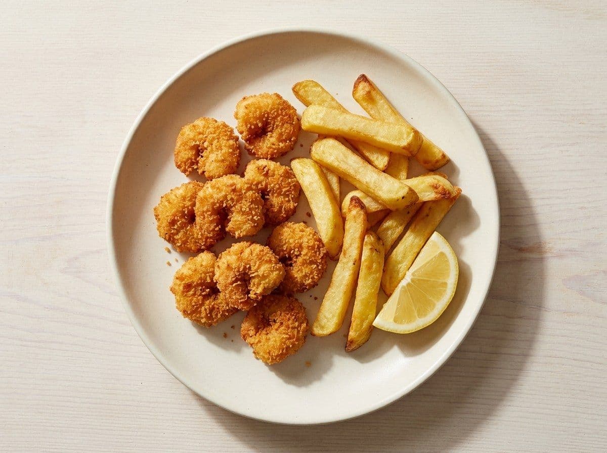 Scampi and Chips, plated as one serving.
