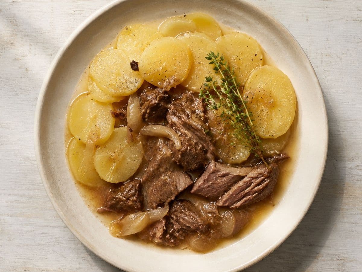 Lancashire Hotpot, plated as one serving.