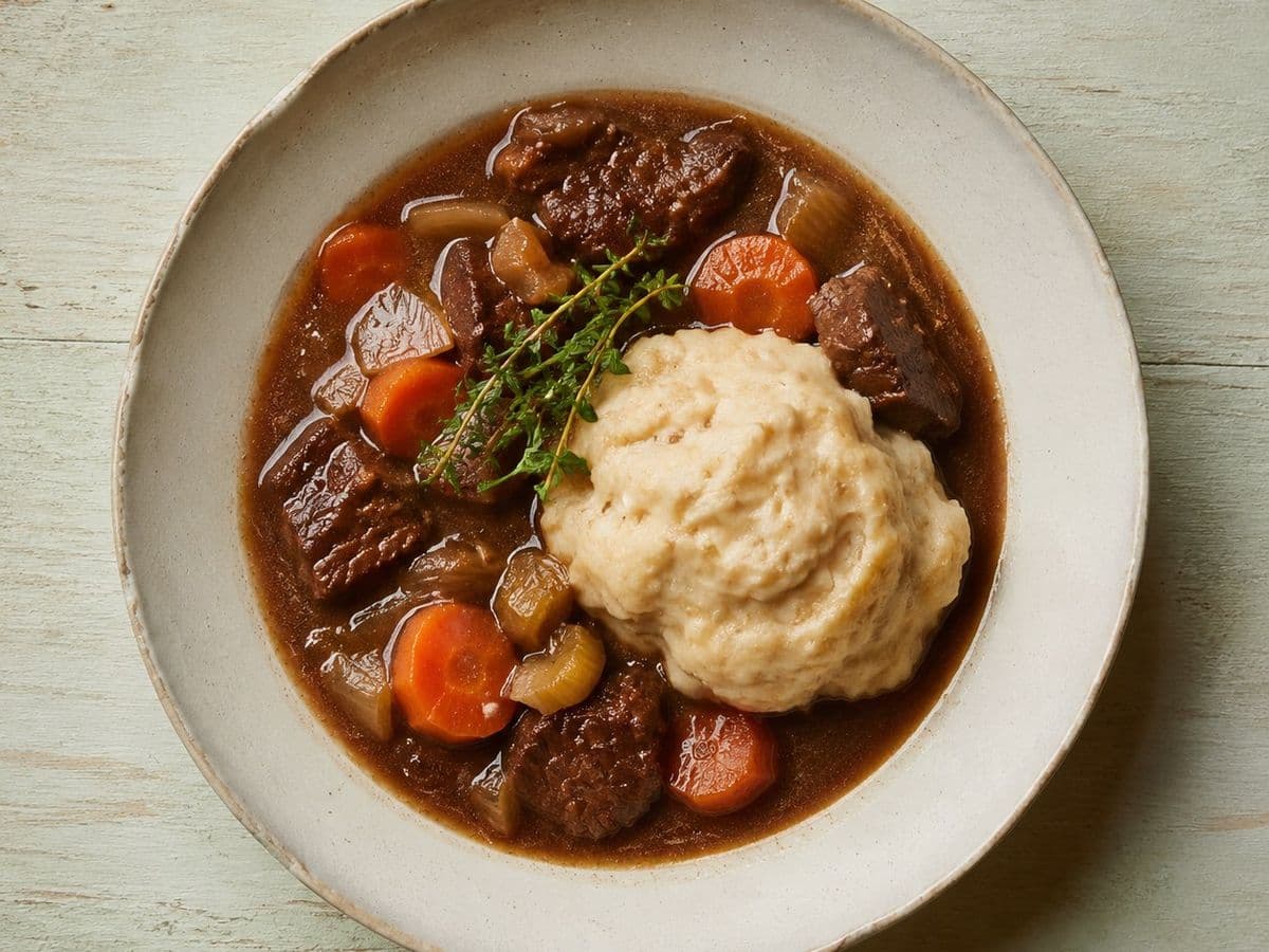 Beef Stew with Dumplings, plated as one serving.