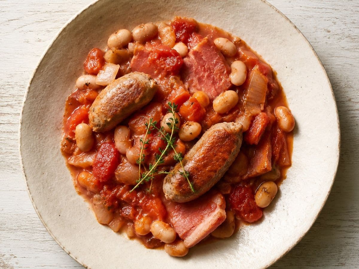 Sausage and Bean Casserole, plated as one serving.