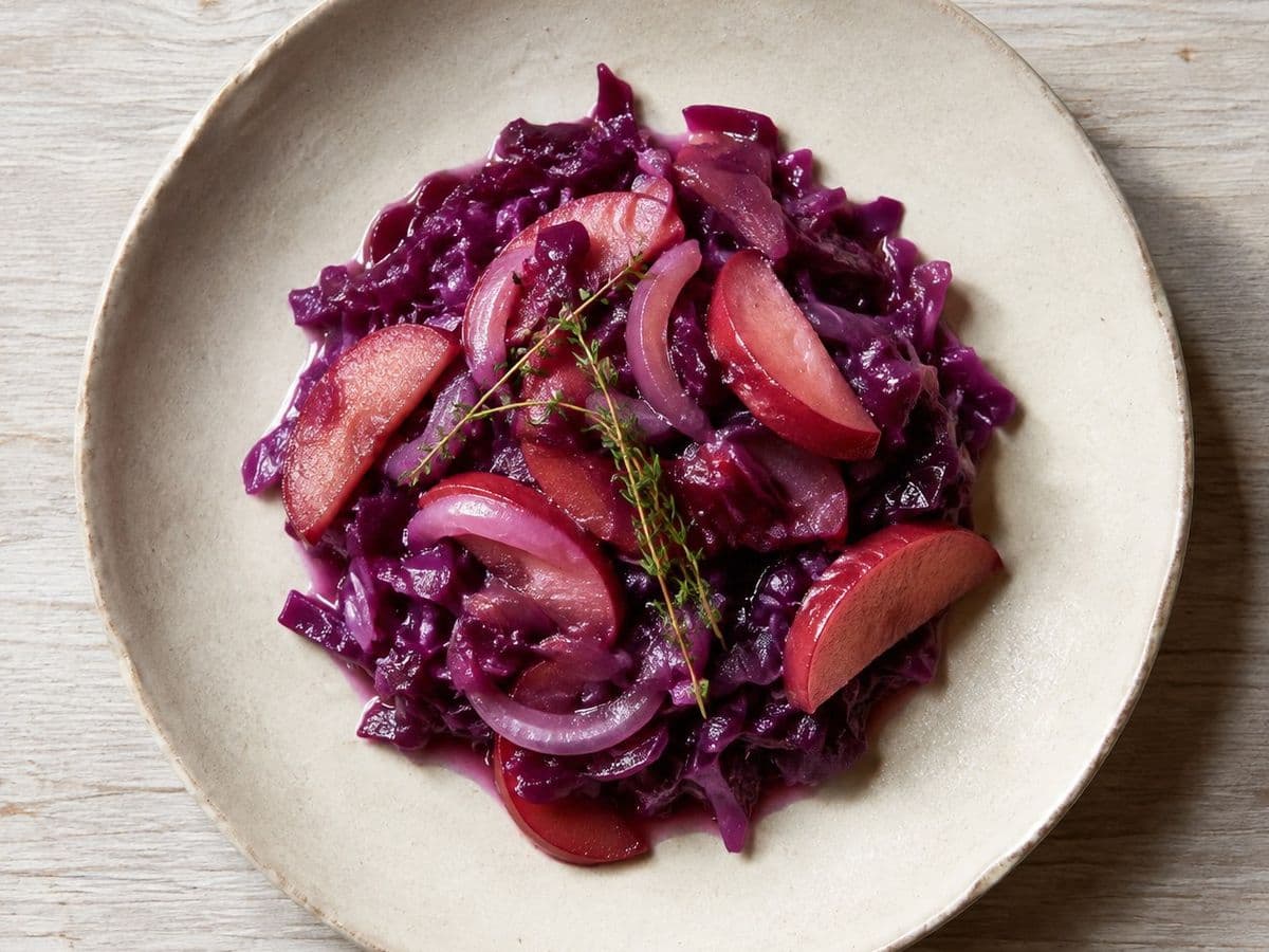 Braised Red Cabbage, plated as one serving.