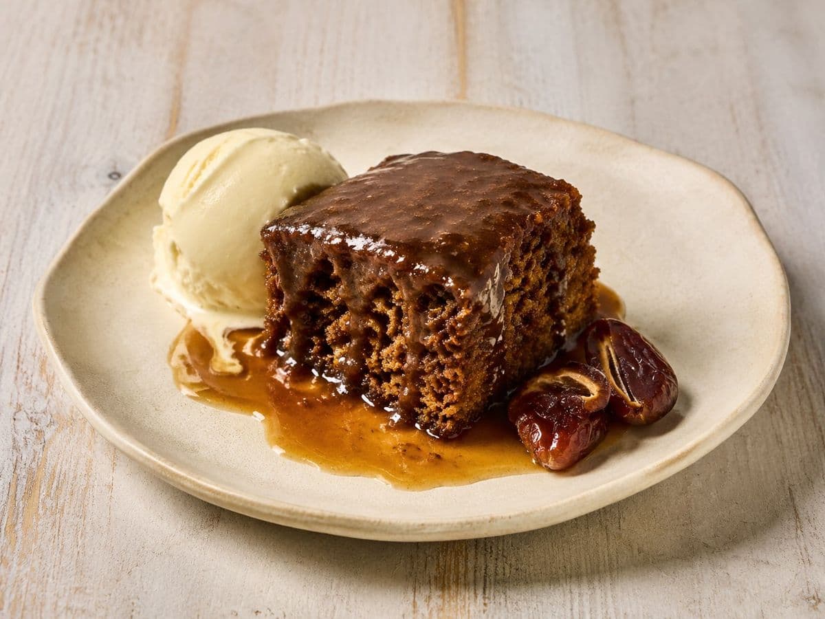 Sticky Toffee Pudding, plated as one serving.