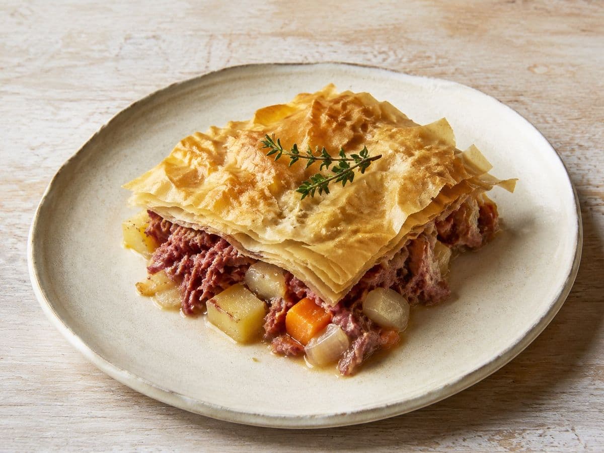 Corned beef pie, plated as one serving.