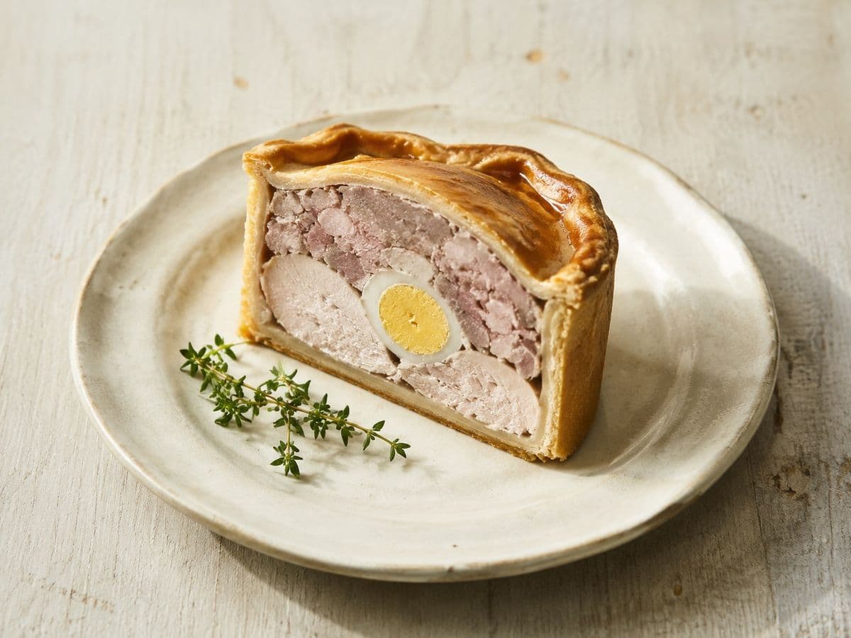 Melton Mowbray pork pie, plated as one serving.