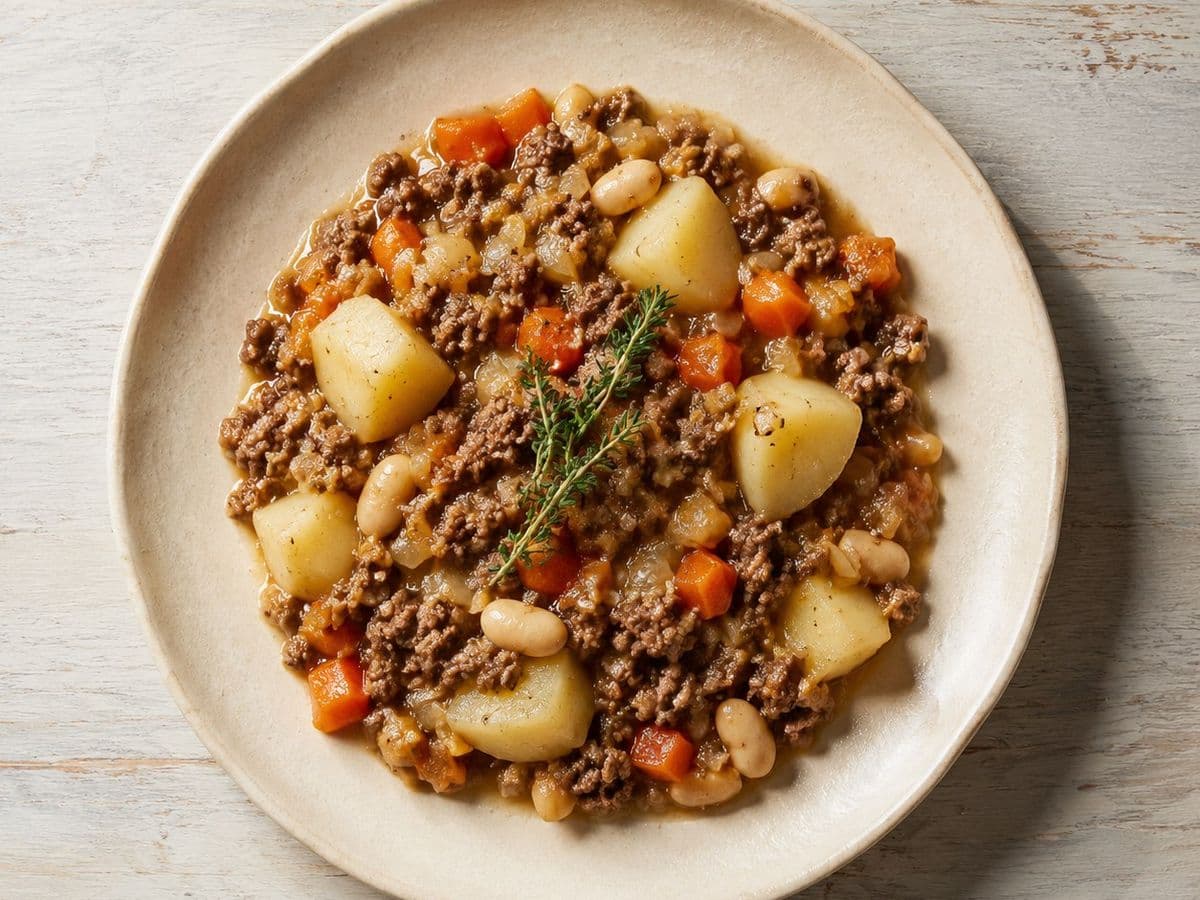 Mince and tatties, plated as one serving.