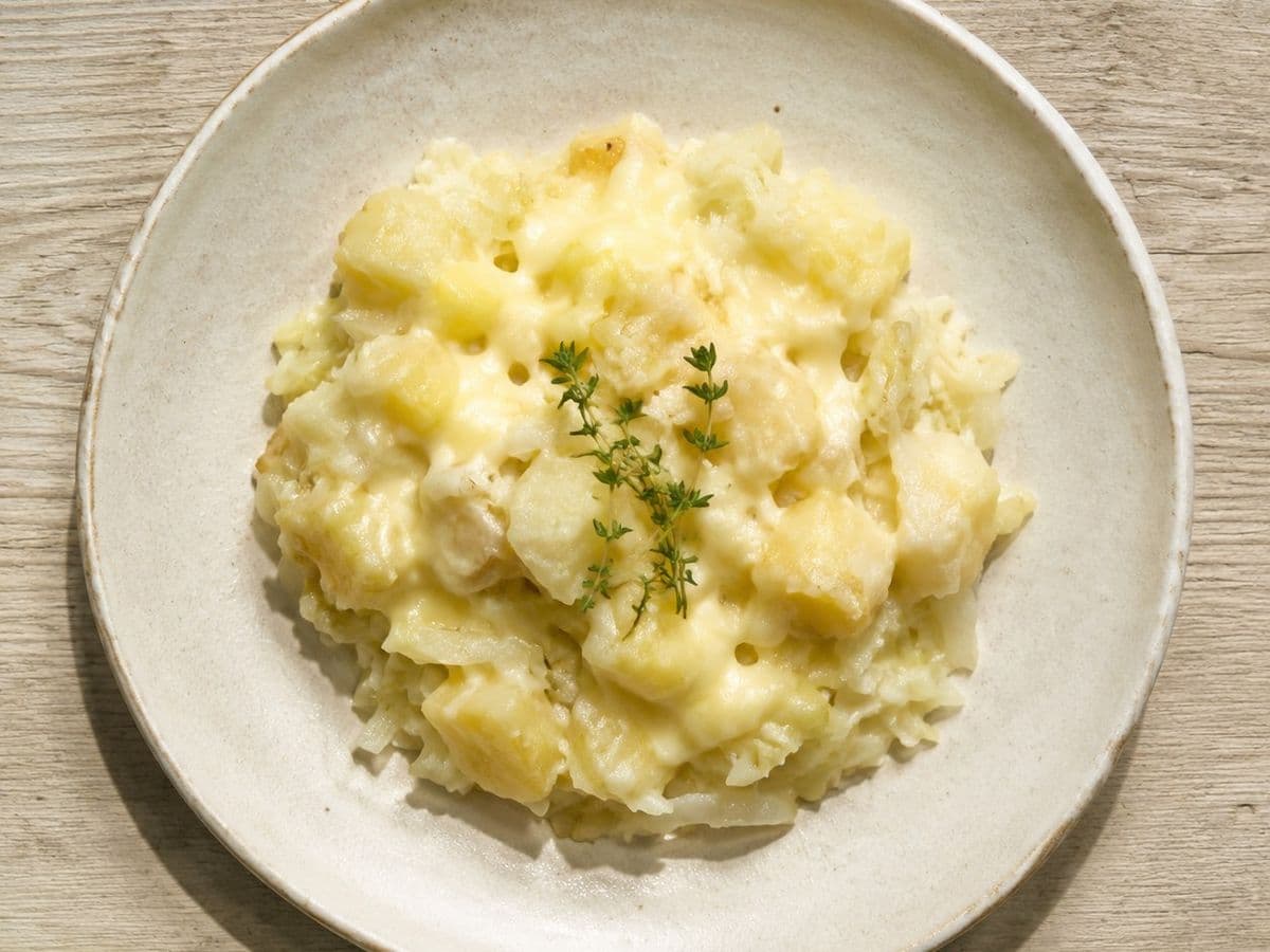 Rumbledethumps, plated as one serving.