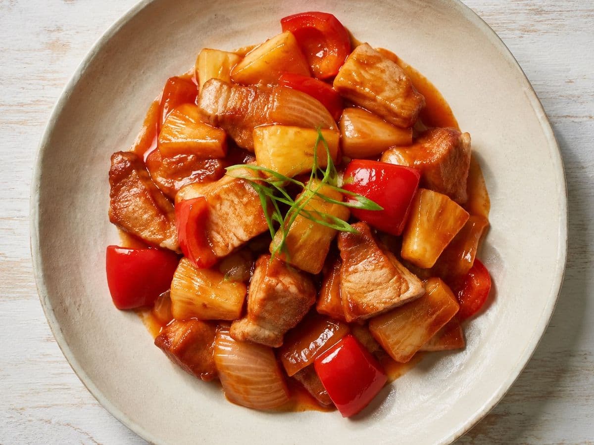Sweet and Sour Pork, plated as one serving.