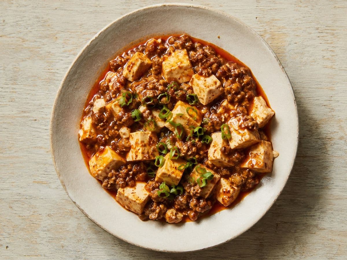 Mapo Tofu, plated as one serving.