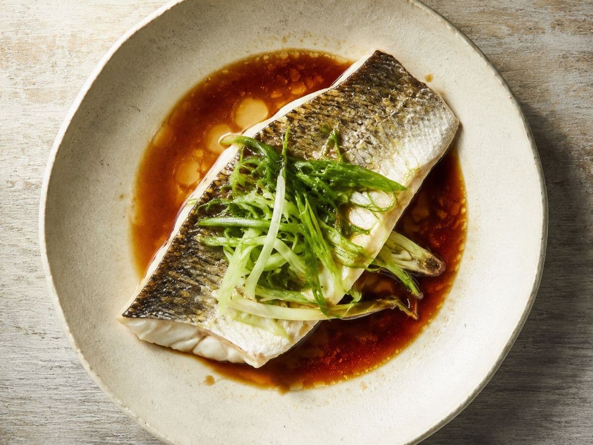 Steamed Sea Bass, plated as one serving.