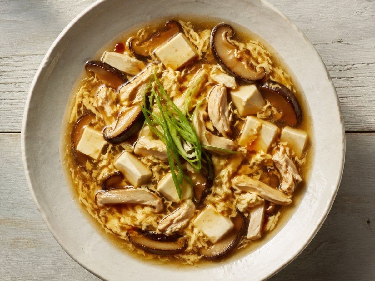 Hot and Sour Soup, plated as one serving.