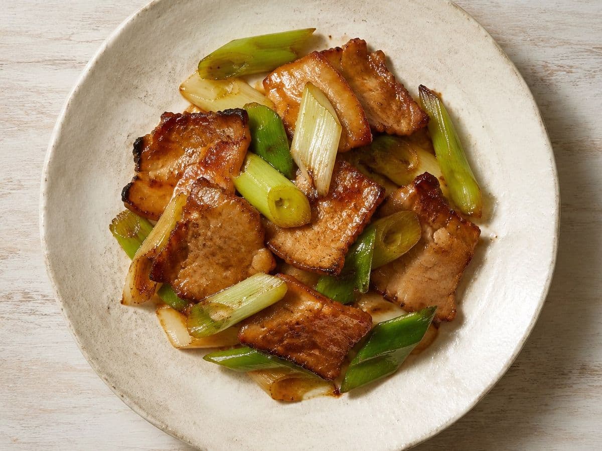 Twice Cooked Pork, plated as one serving.