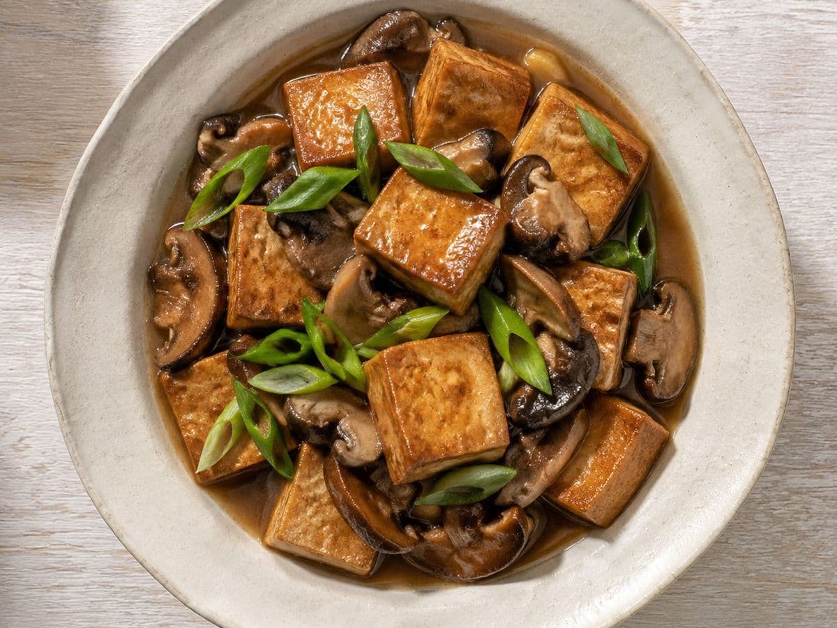 Braised Tofu, plated as one serving.