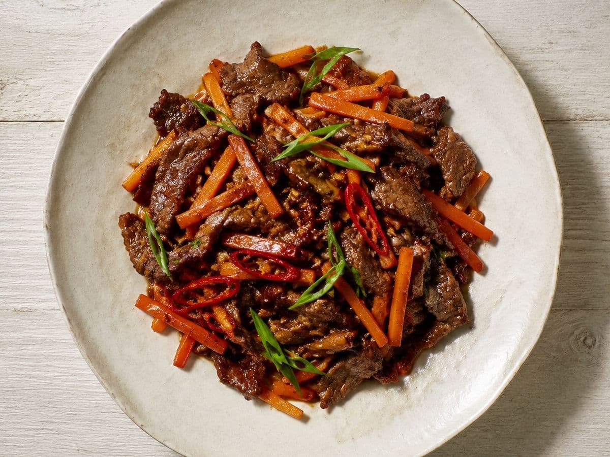 Chilli Beef, plated as one serving.