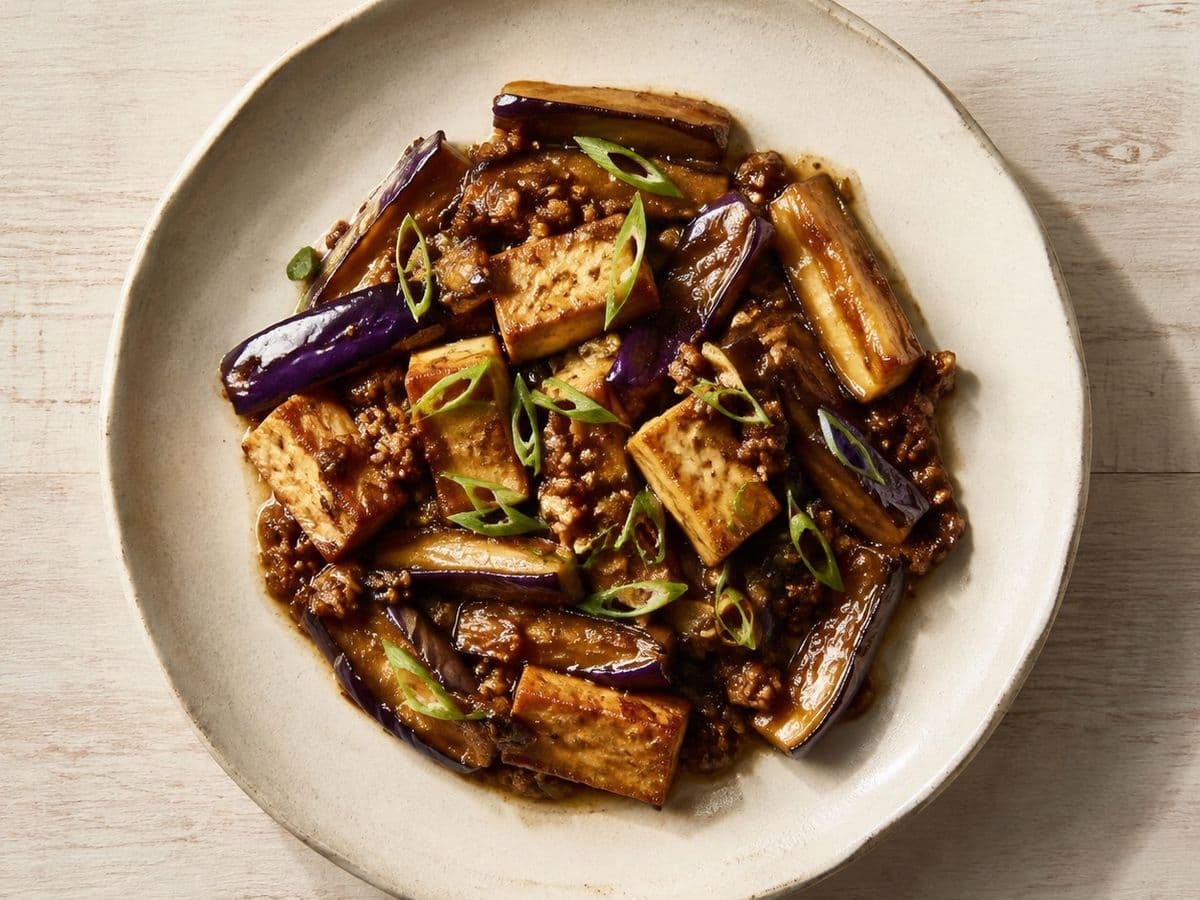 Fish Fragrant Aubergine, plated as one serving.