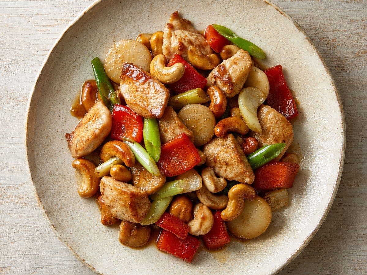 Cashew Chicken, plated as one serving.
