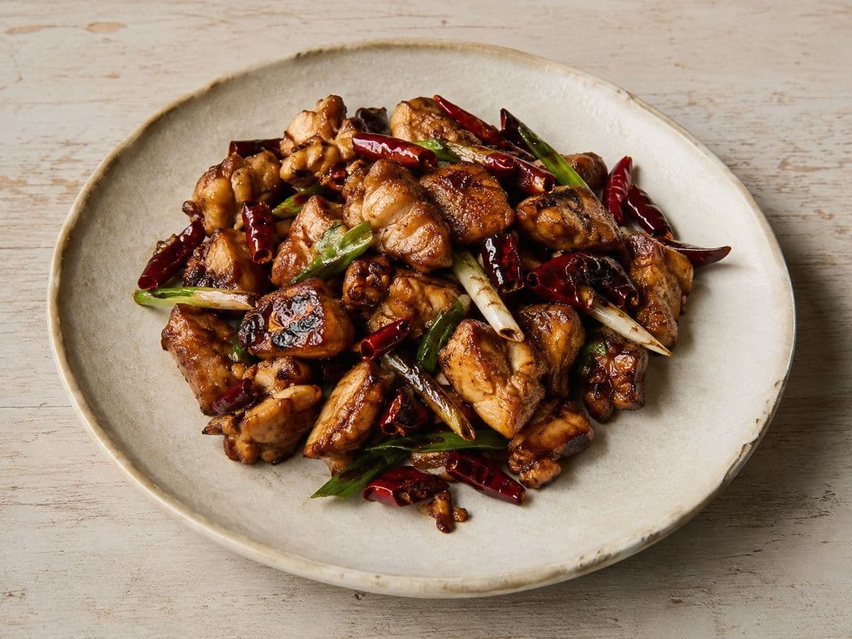 Dry-Fried Chilli Chicken, plated as one serving.
