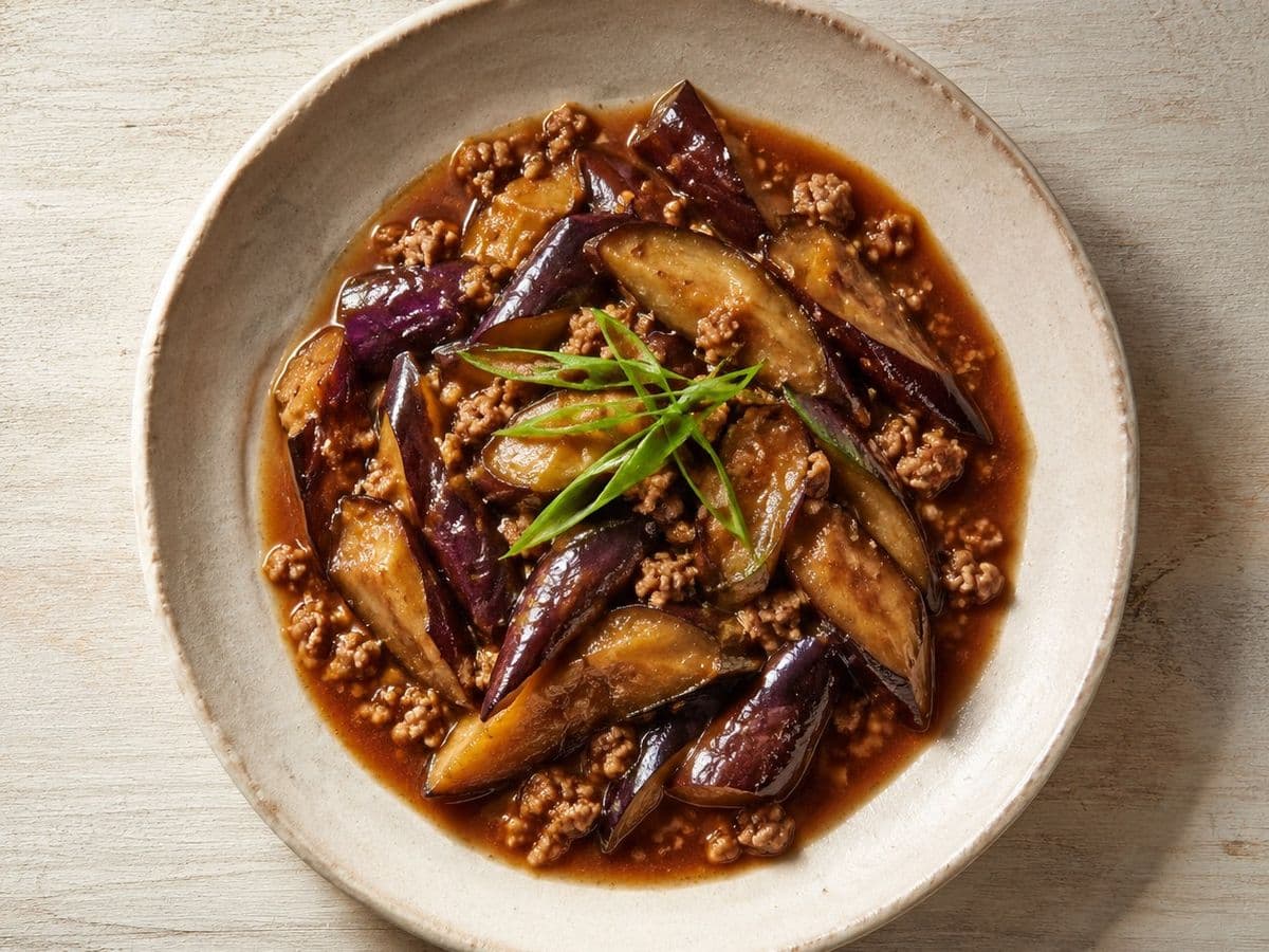 Ma Po Aubergine, plated as one serving.