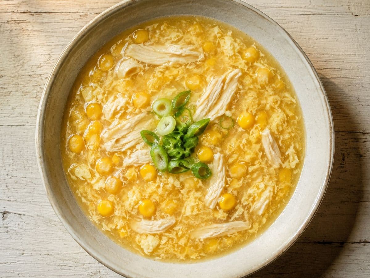Sweetcorn Soup, plated as one serving.