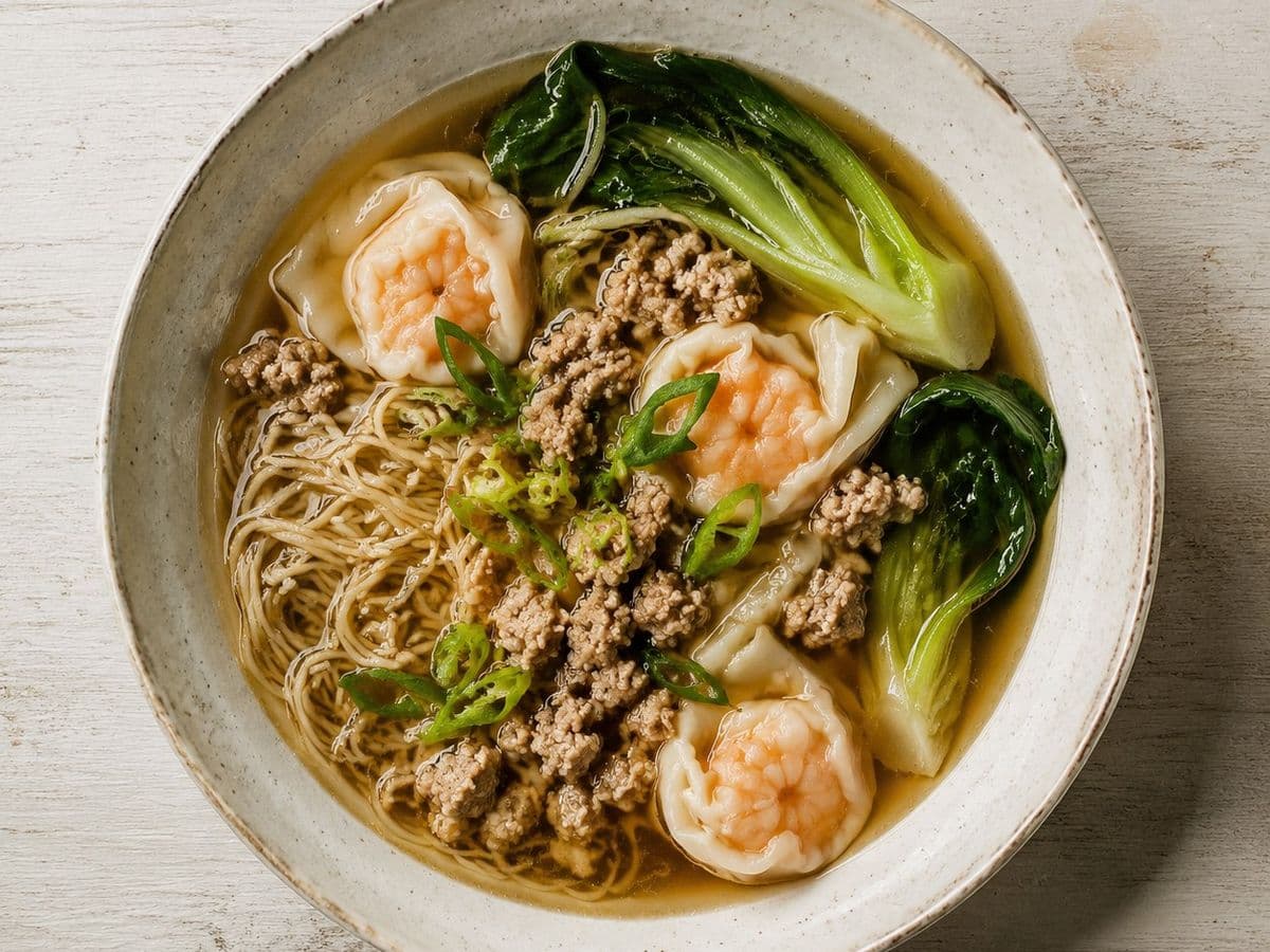 Wonton Noodle Soup, plated as one serving.