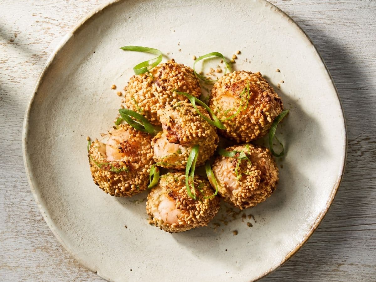 Sesame Prawn Balls, plated as one serving.