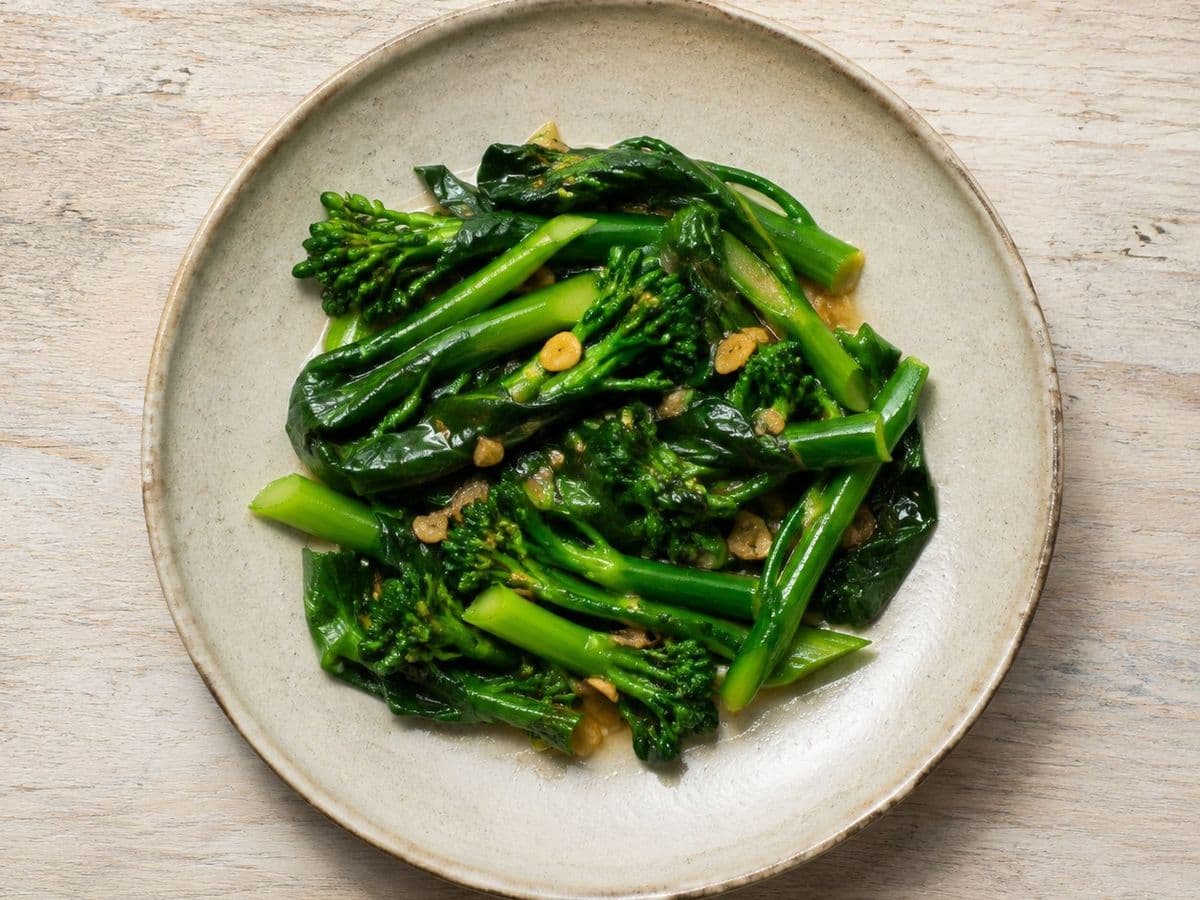 Chinese Broccoli with Garlic, plated as one serving.