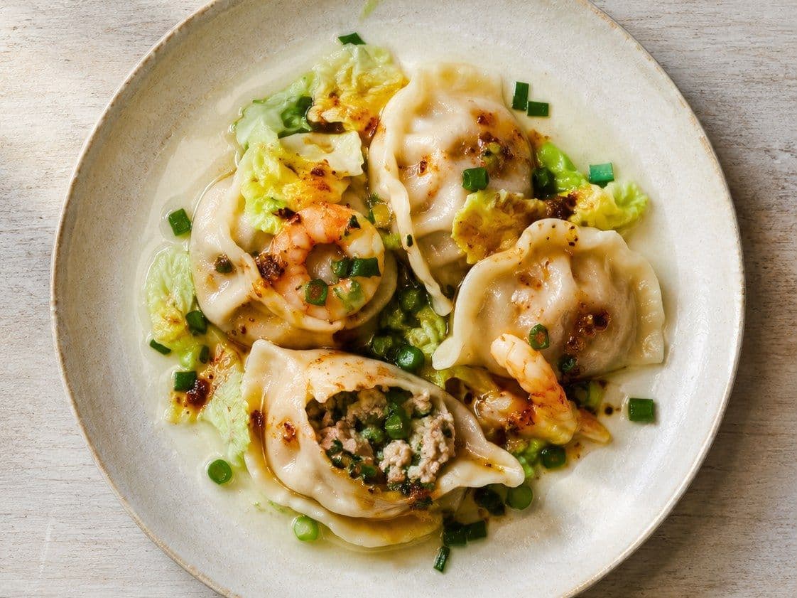Pork and Chive Dumplings, plated as one serving.