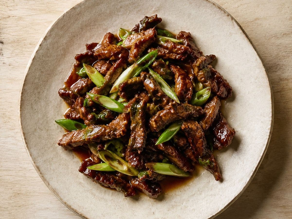 Mongolian Beef, plated as one serving.