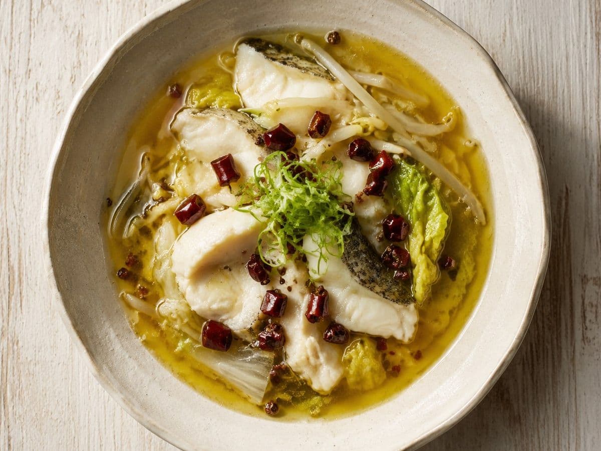 Sichuan Boiled Fish, plated as one serving.