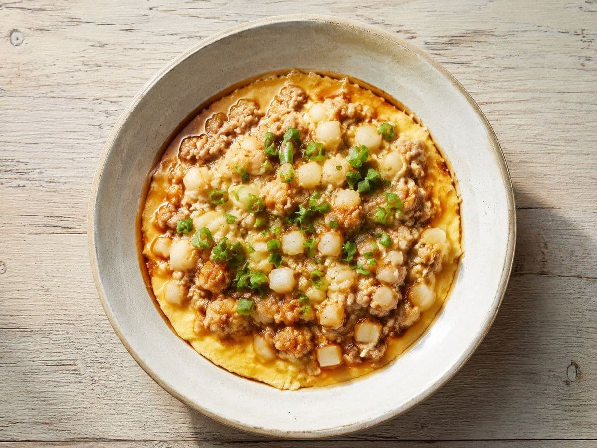 Steamed Minced Pork with Egg, plated as one serving.