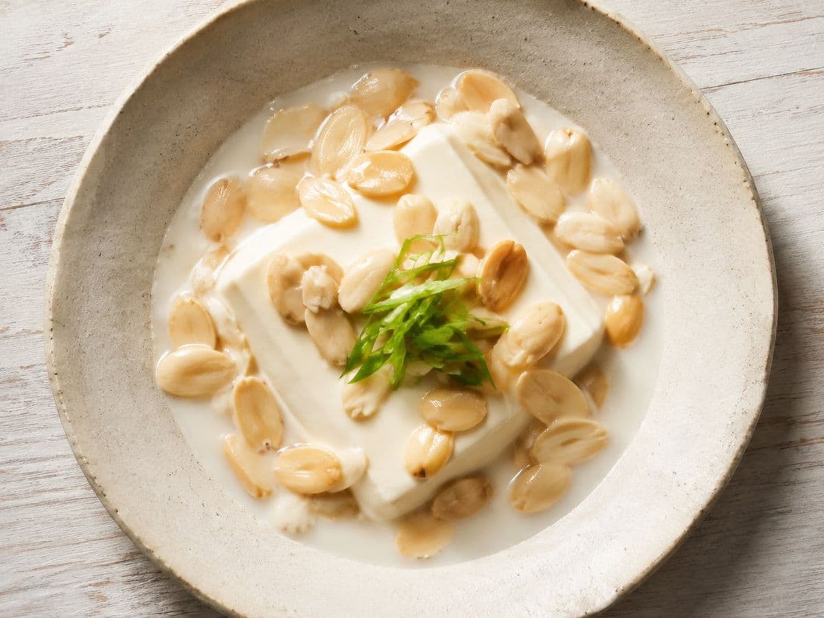 Almond Tofu, plated as one serving.