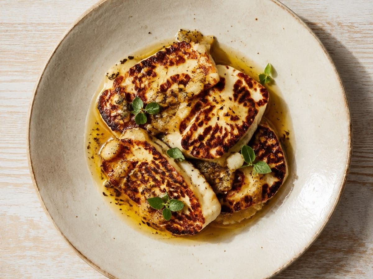 Halloumi sto Tigani, plated as one serving.