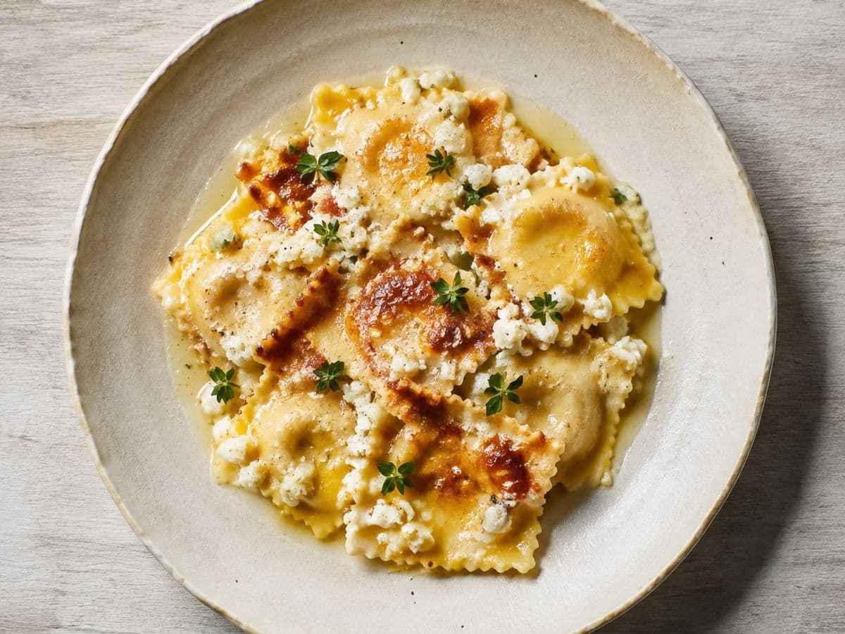 Ravioles, plated as one serving.