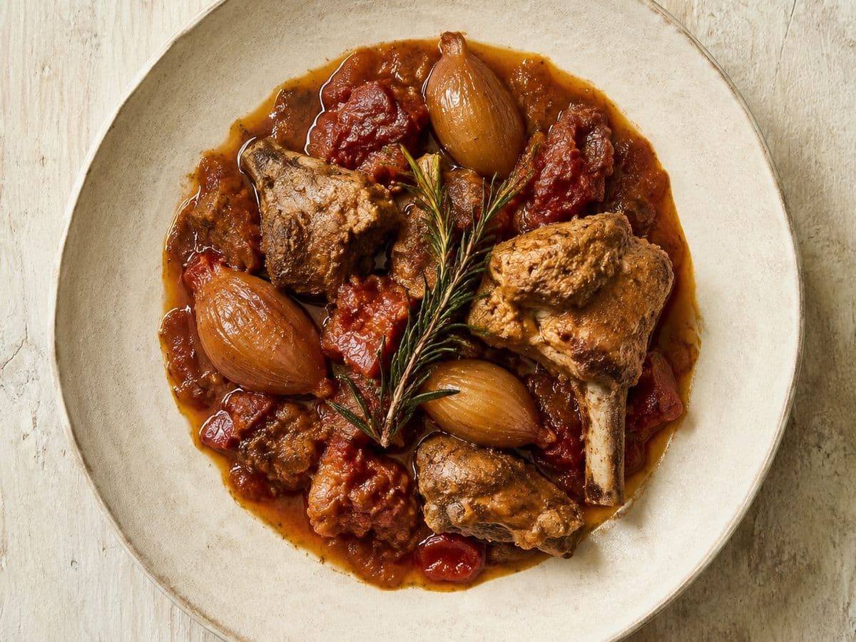 Kouneli Stifado, plated as one serving.