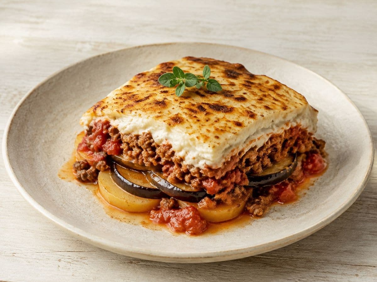 Moussaka, plated as one serving.