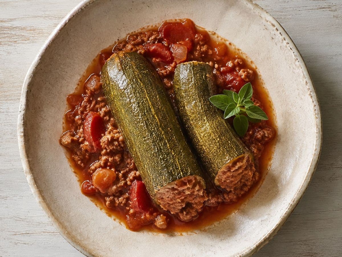 Kolokithakia Yemista, plated as one serving.