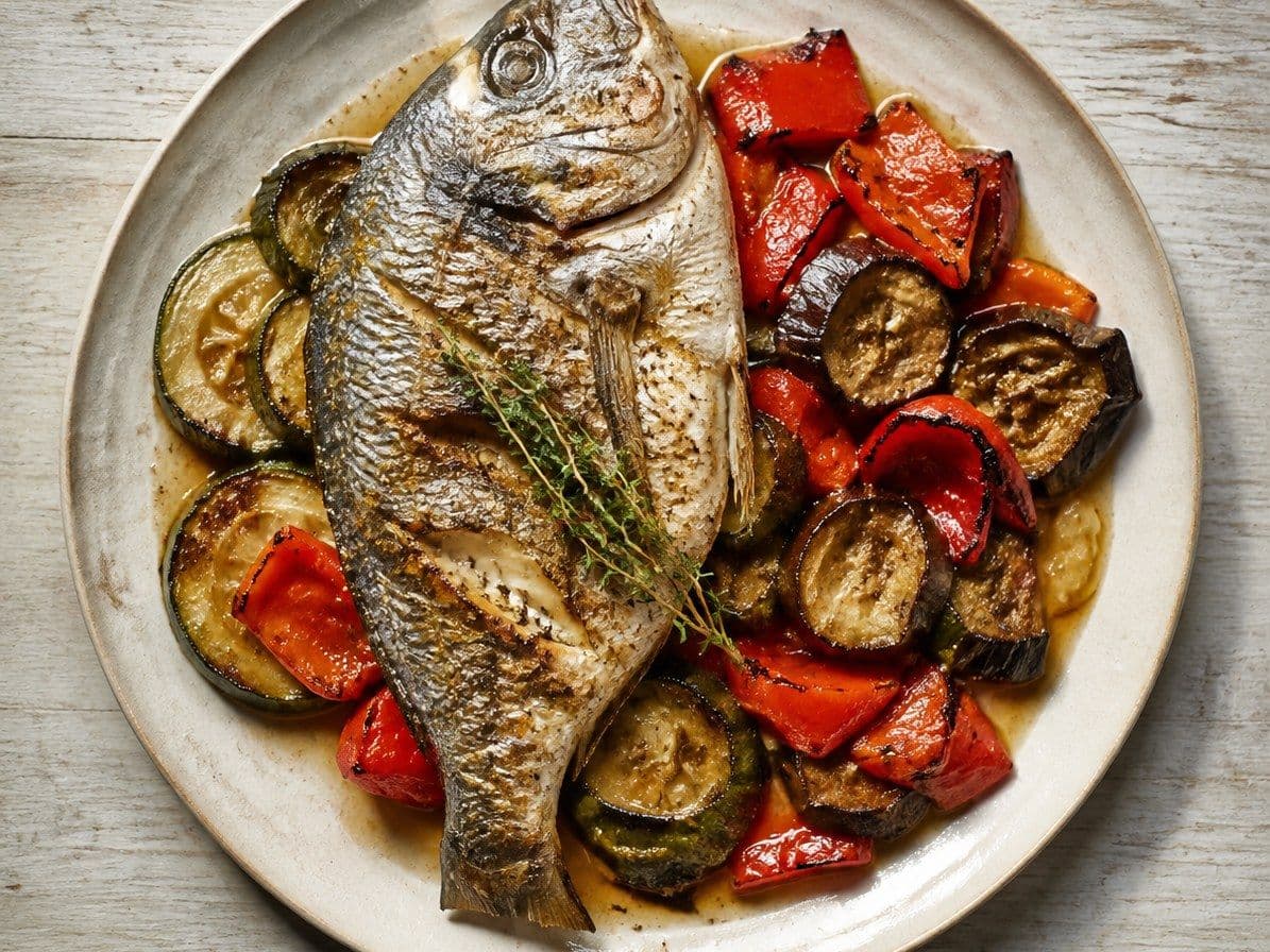 Tsipoura sta Karvouna, plated as one serving.