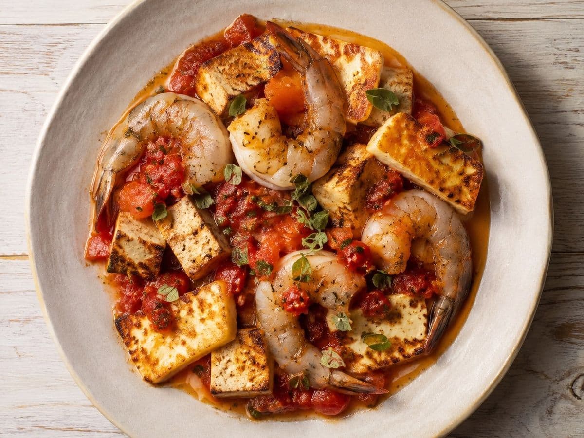 Garides Saganaki, plated as one serving.