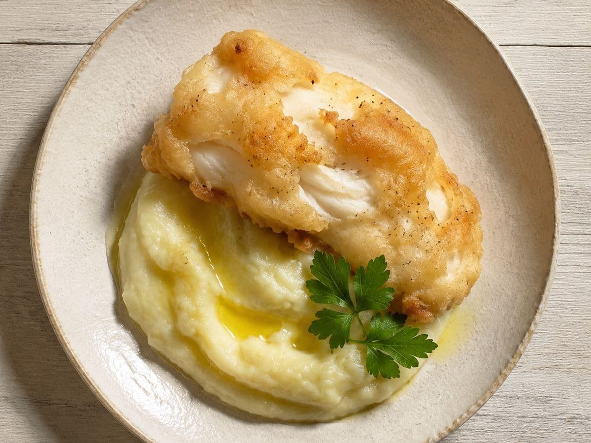 Bakaliaros me Skordalia, plated as one serving.