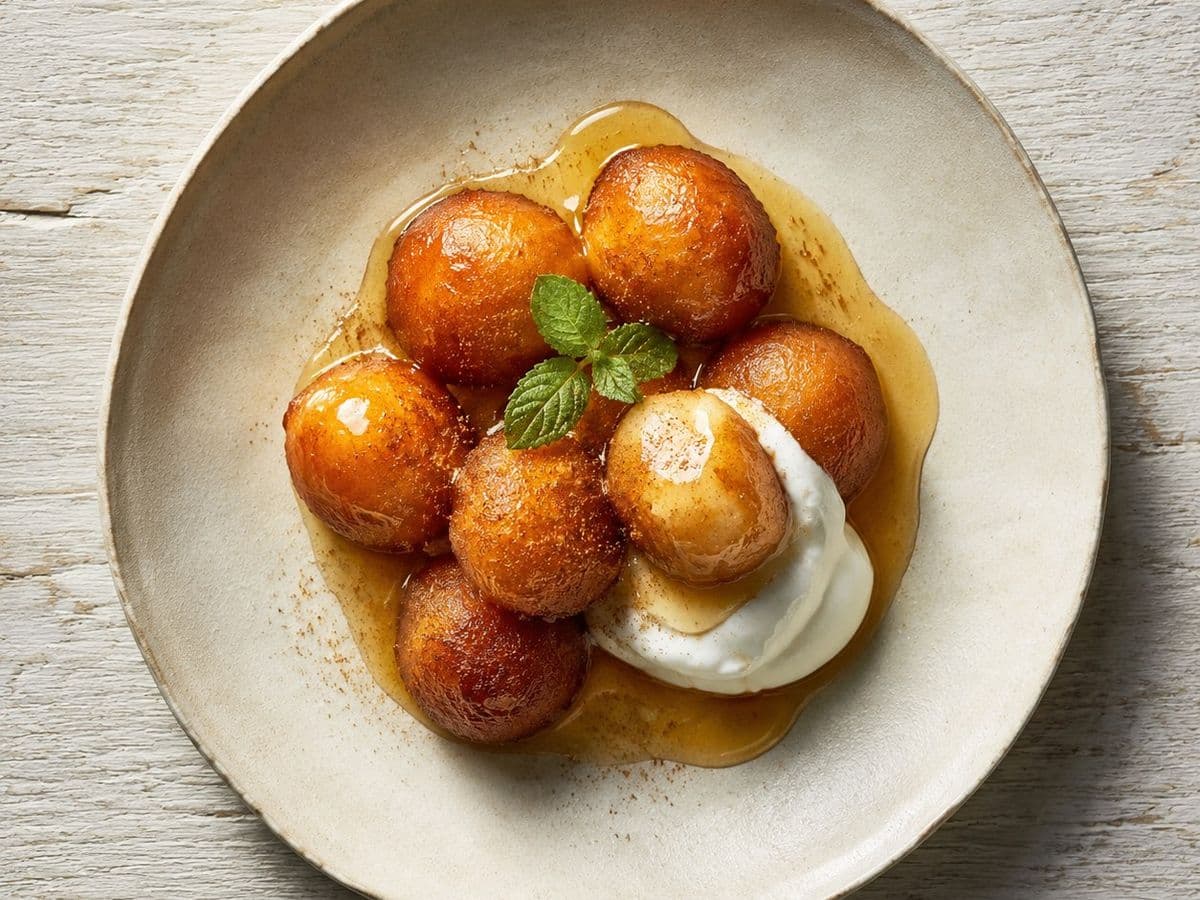 Loukoumades, plated as one serving.