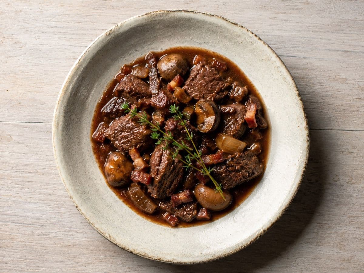 Boeuf Bourguignon, plated as one serving.