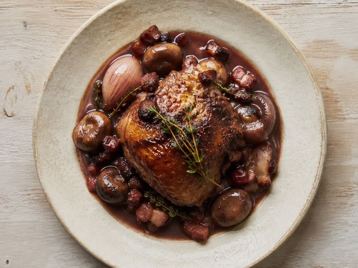 Coq au Vin, plated as one serving.